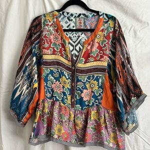 Johnny Was Multicolor Floral and Geometric Blouse